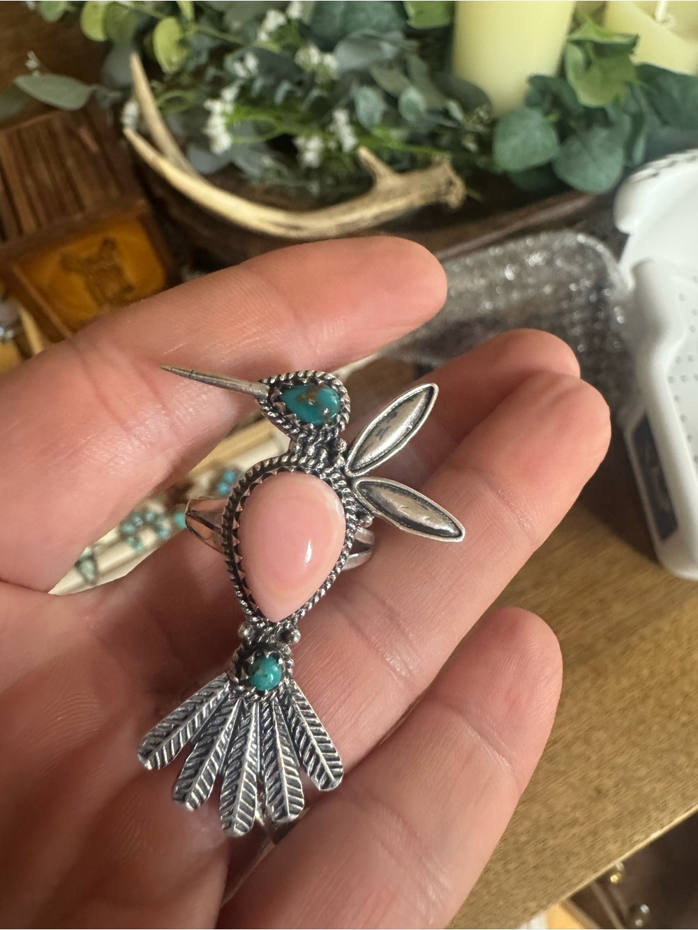 Hummingbird Teardrop Ring in Pink and Turquoise